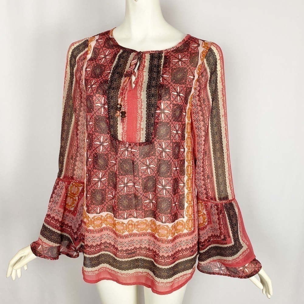 Knox Rose Pink Brown Pheasant Boho Blouse Bell Sleeves Size XS